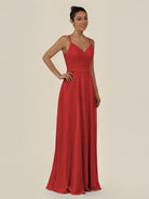 KissDress-Lurne Ruby Red A Line Chiffon V Neck Long Bridesmaid Dress with Cinched Waistline