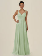 KissDress-Lurne Sage A Line Chiffon V Neck Long Bridesmaid Dress with Cinched Waistline