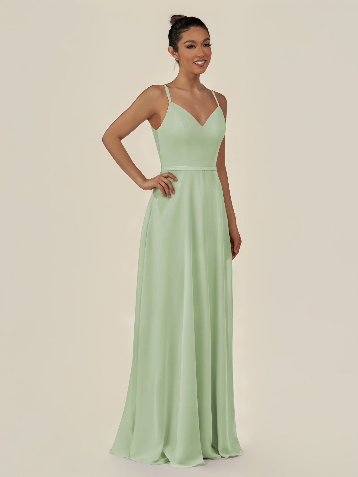 KissDress-Lurne Sage A Line Chiffon V Neck Long Bridesmaid Dress with Cinched Waistline