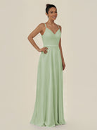 KissDress-Lurne Sage A Line Chiffon V Neck Long Bridesmaid Dress with Cinched Waistline