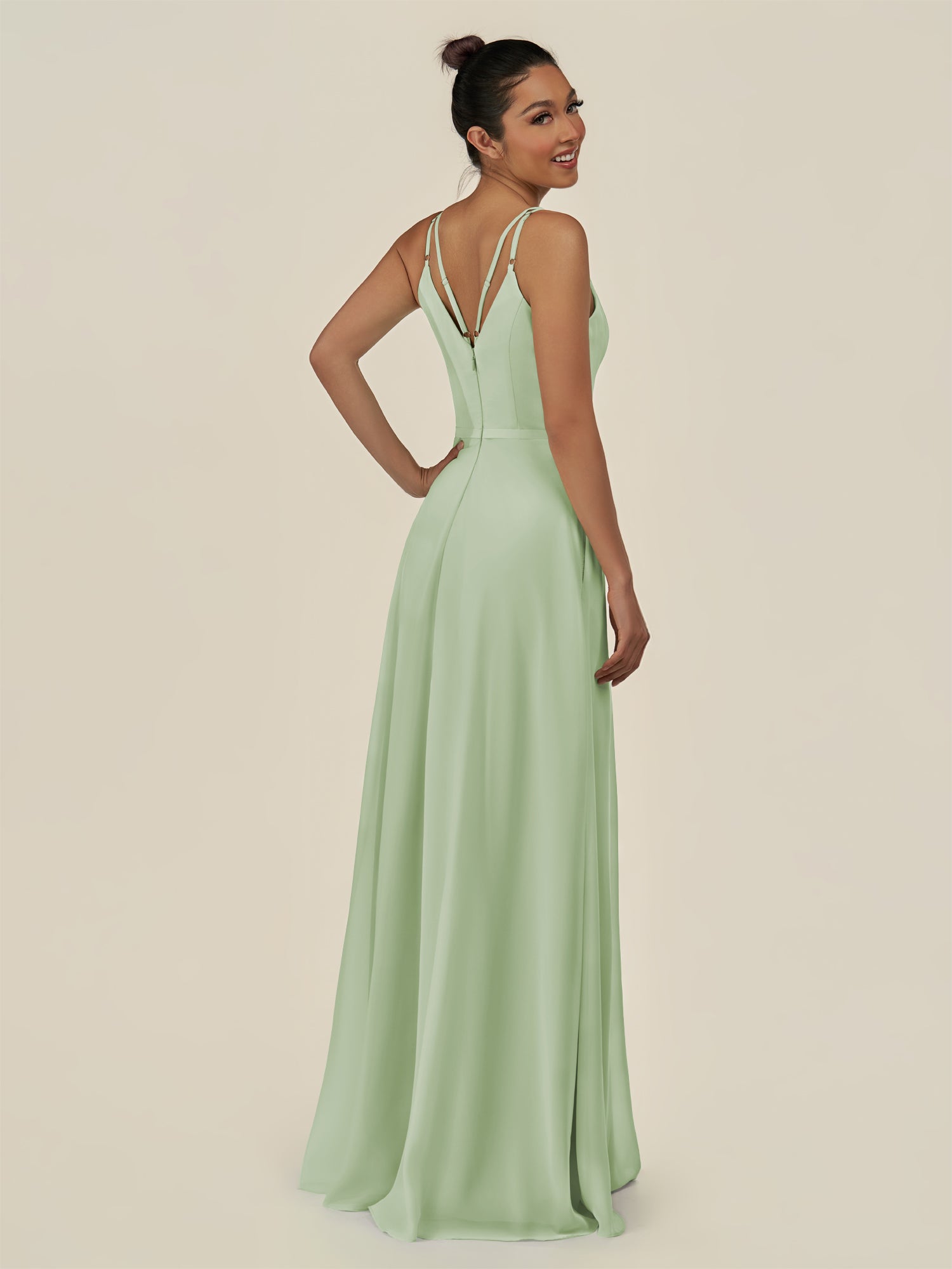 KissDress-Lurne Sage A Line Chiffon V Neck Long Bridesmaid Dress with Cinched Waistline