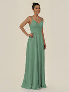 KissDress-Lurne Sea Glass A Line Chiffon V Neck Long Bridesmaid Dress with Cinched Waistline