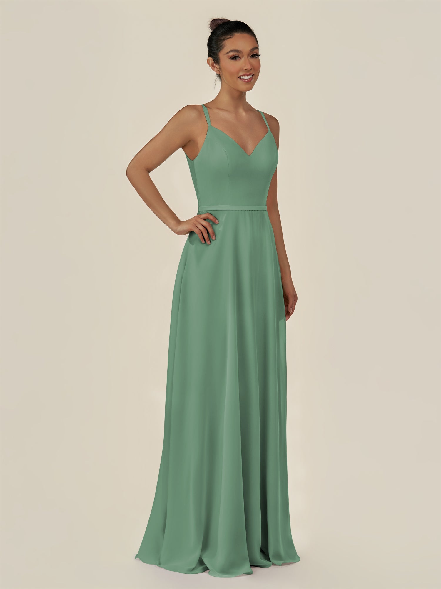 KissDress-Lurne Sea Glass A Line Chiffon V Neck Long Bridesmaid Dress with Cinched Waistline