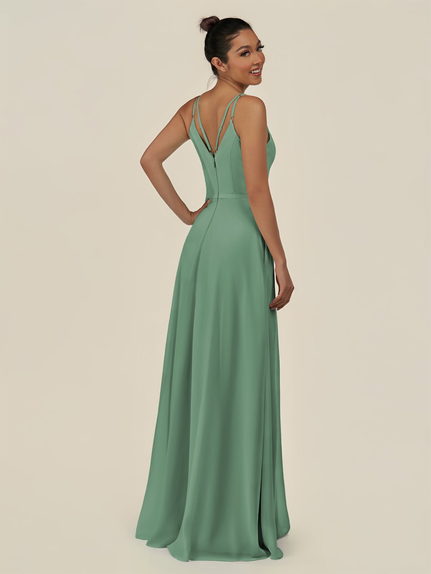 KissDress-Lurne Sea Glass A Line Chiffon V Neck Long Bridesmaid Dress with Cinched Waistline