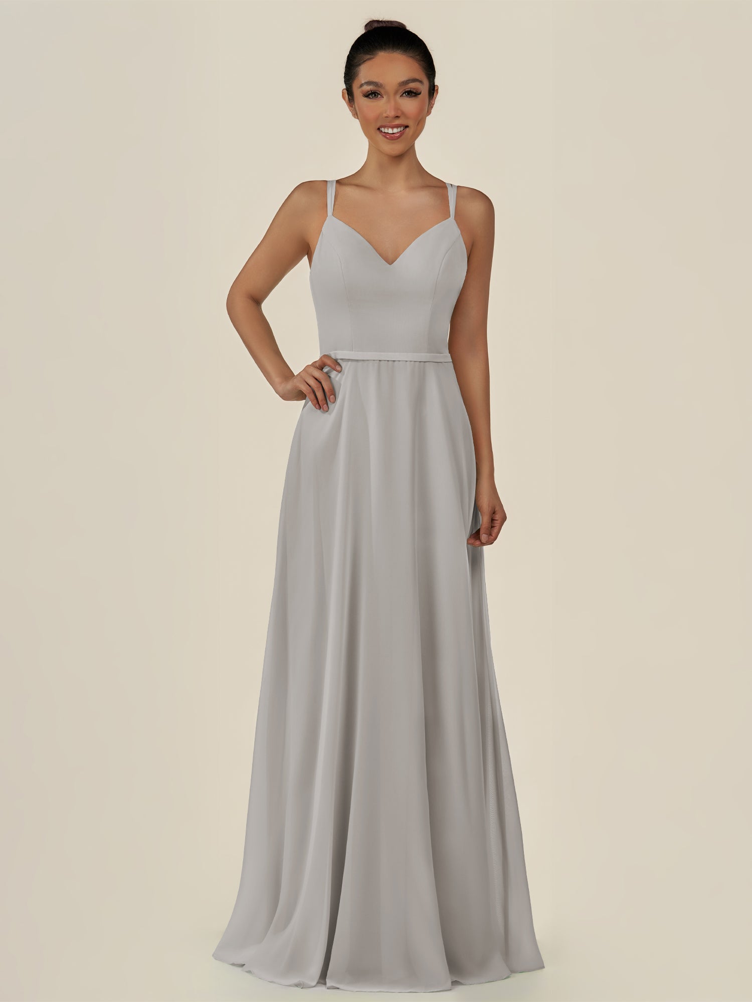 KissDress-Lurne Silver A Line Chiffon V Neck Long Bridesmaid Dress with Cinched Waistline