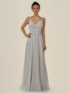 KissDress-Lurne Silver A Line Chiffon V Neck Long Bridesmaid Dress with Cinched Waistline