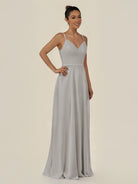KissDress-Lurne Silver A Line Chiffon V Neck Long Bridesmaid Dress with Cinched Waistline