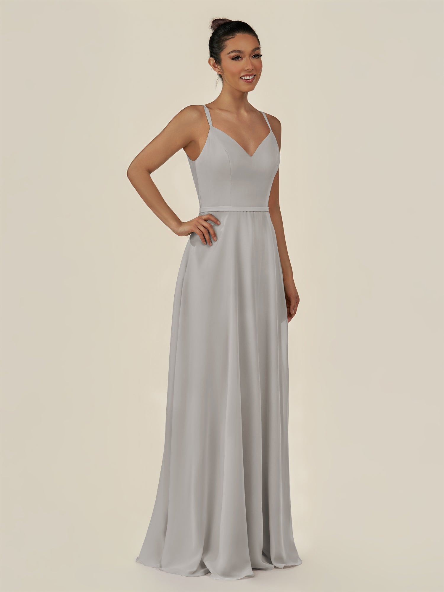 KissDress-Lurne Silver A Line Chiffon V Neck Long Bridesmaid Dress with Cinched Waistline