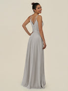 KissDress-Lurne Silver A Line Chiffon V Neck Long Bridesmaid Dress with Cinched Waistline