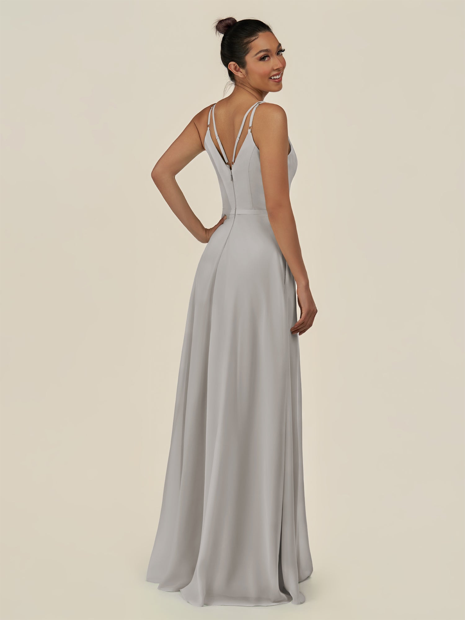 KissDress-Lurne Silver A Line Chiffon V Neck Long Bridesmaid Dress with Cinched Waistline