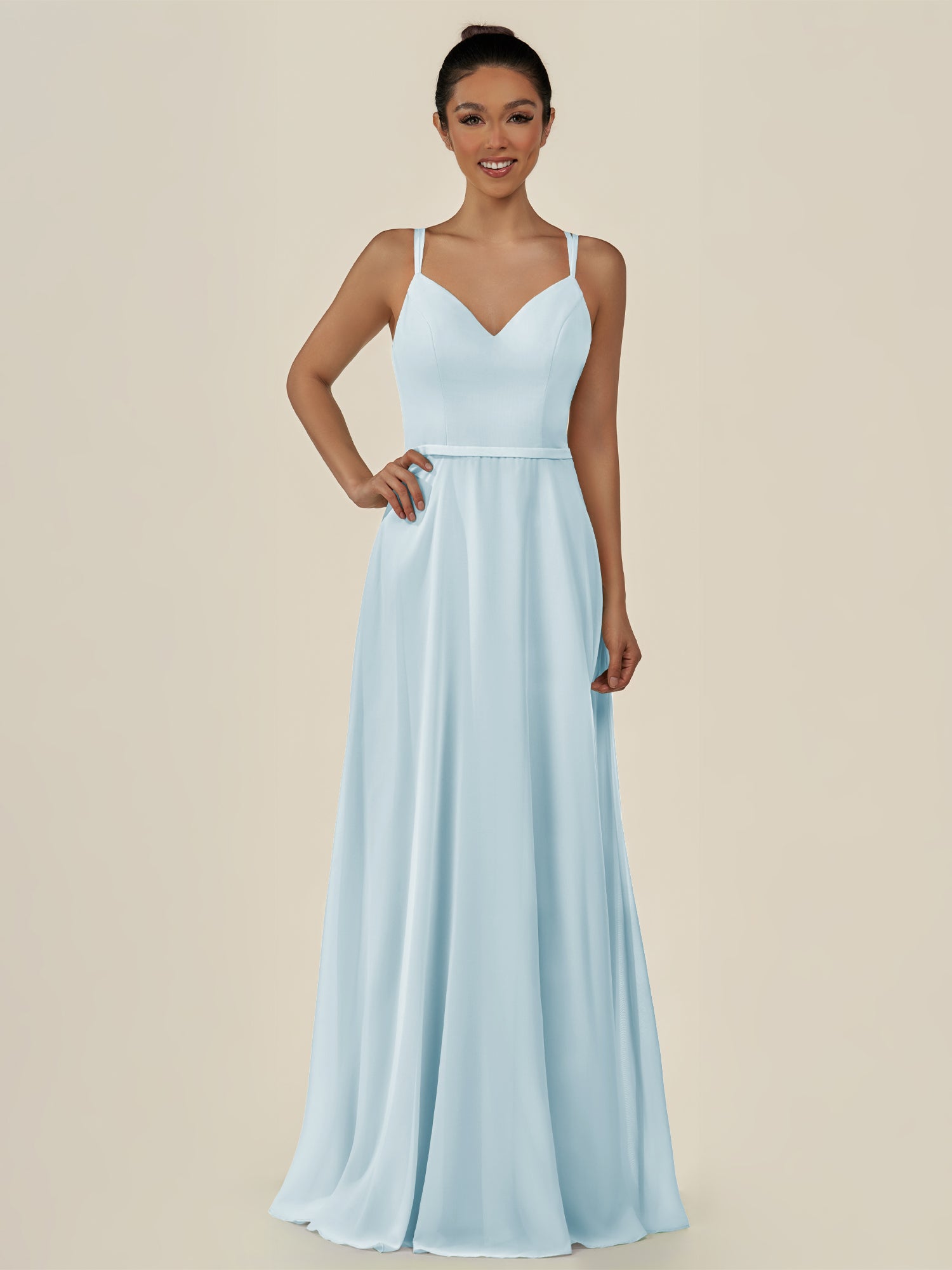 KissDress-Lurne Sky Blue A Line Chiffon V Neck Long Bridesmaid Dress with Cinched Waistline