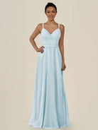 KissDress-Lurne Sky Blue A Line Chiffon V Neck Long Bridesmaid Dress with Cinched Waistline