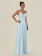 KissDress-Lurne Sky Blue A Line Chiffon V Neck Long Bridesmaid Dress with Cinched Waistline