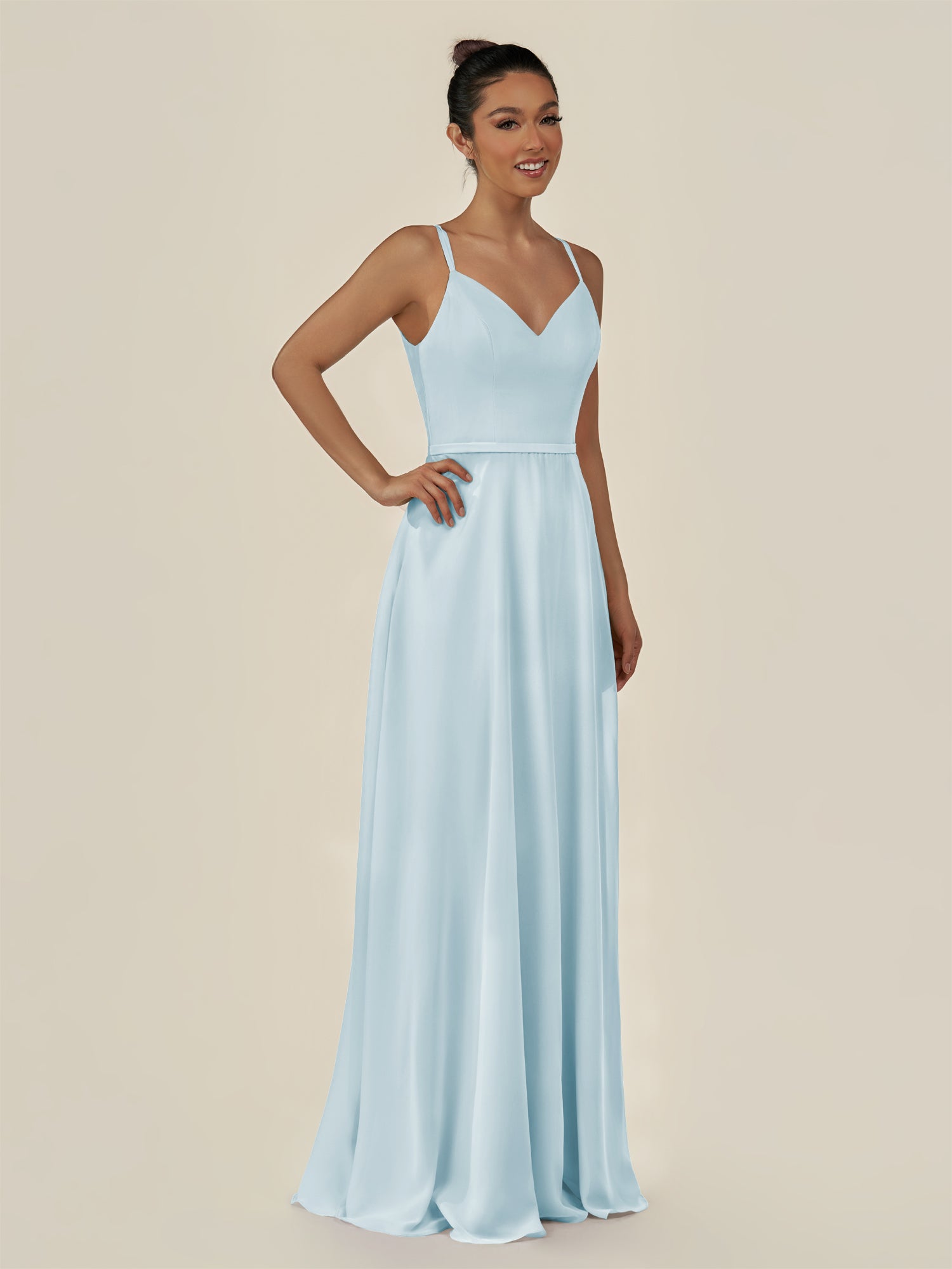 KissDress-Lurne Sky Blue A Line Chiffon V Neck Long Bridesmaid Dress with Cinched Waistline