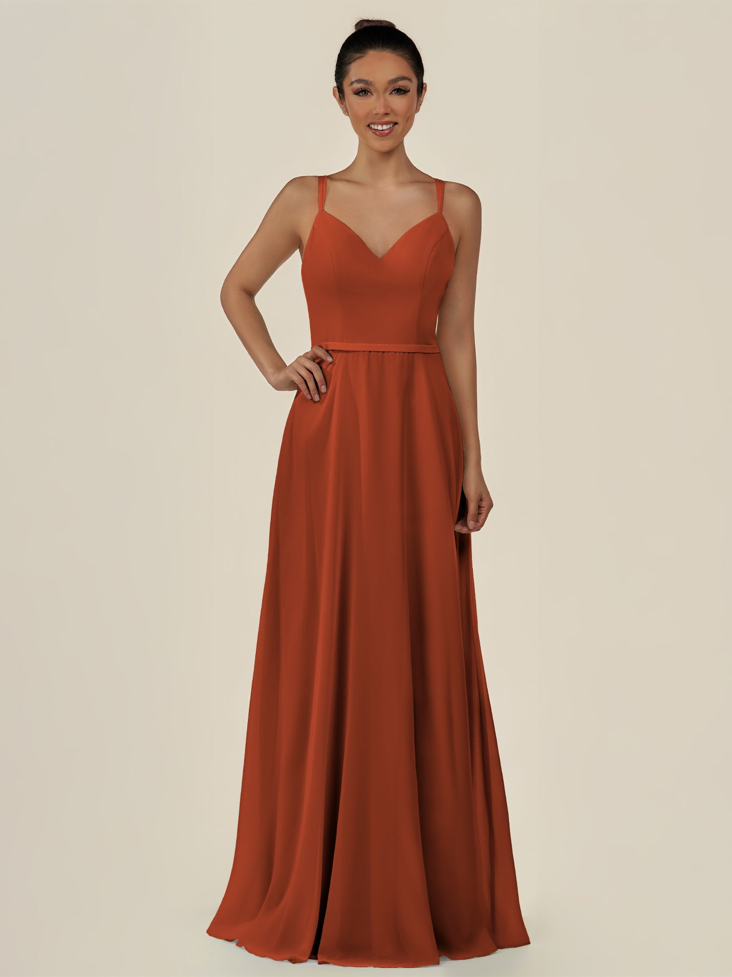 KissDress-Lurne Spice A Line Chiffon V Neck Long Bridesmaid Dress with Cinched Waistline