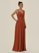 KissDress-Lurne Spice A Line Chiffon V Neck Long Bridesmaid Dress with Cinched Waistline