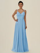 KissDress-Lurne Steel Blue A Line Chiffon V Neck Long Bridesmaid Dress with Cinched Waistline