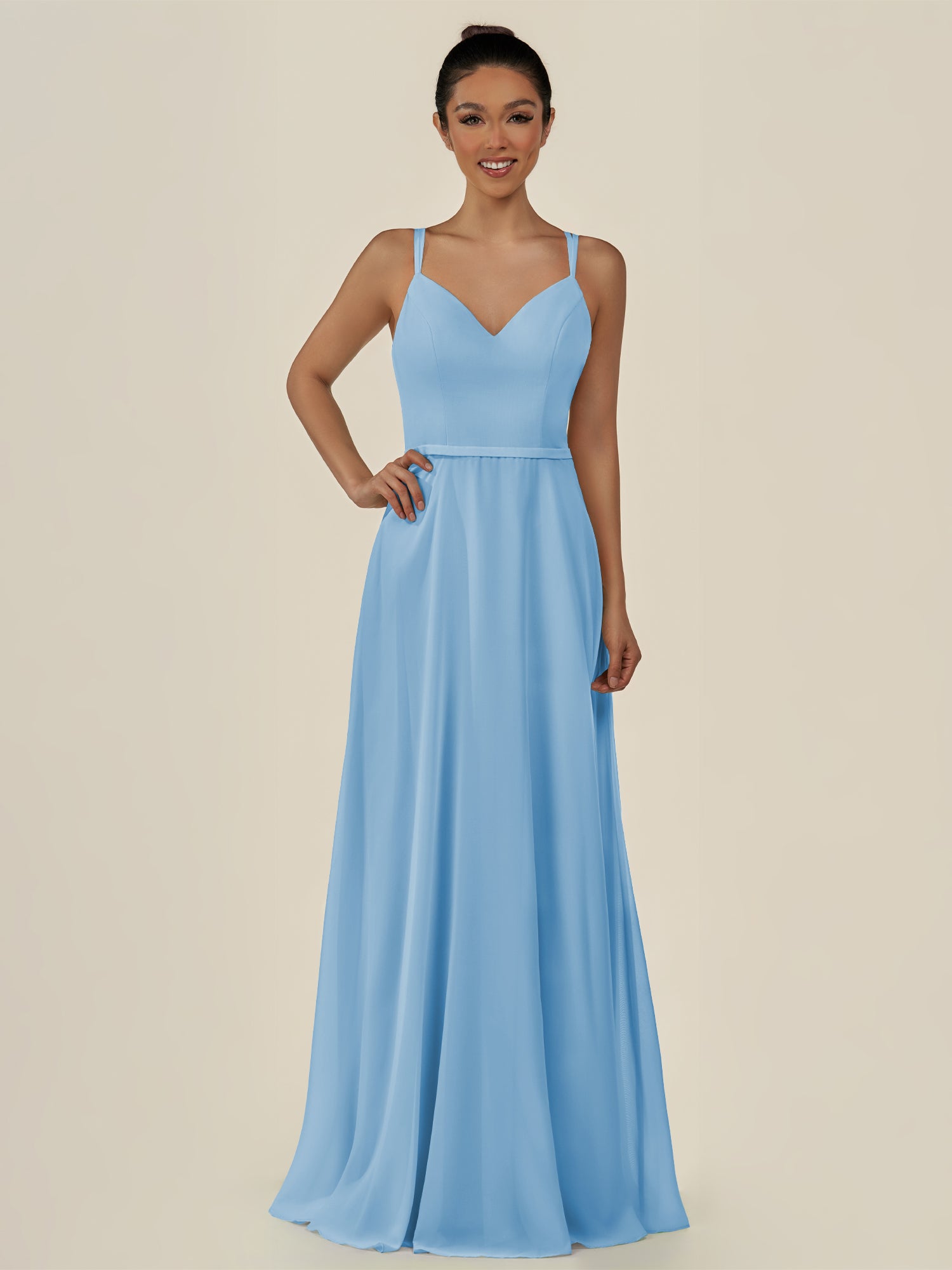 KissDress-Lurne Steel Blue A Line Chiffon V Neck Long Bridesmaid Dress with Cinched Waistline