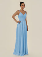 KissDress-Lurne Steel Blue A Line Chiffon V Neck Long Bridesmaid Dress with Cinched Waistline