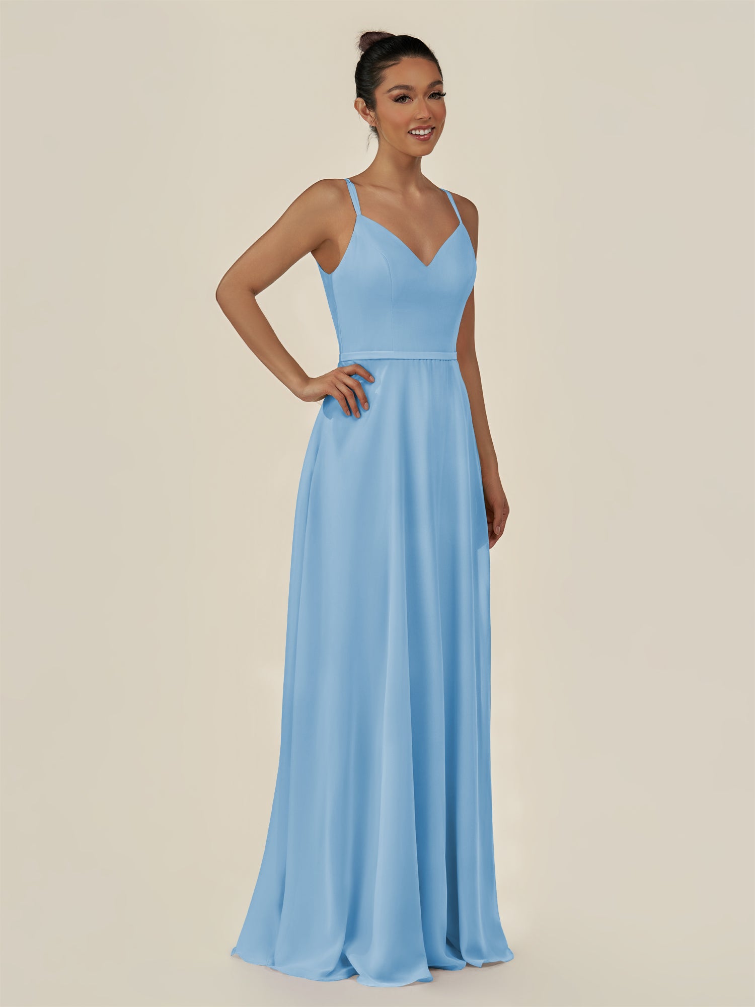 KissDress-Lurne Steel Blue A Line Chiffon V Neck Long Bridesmaid Dress with Cinched Waistline