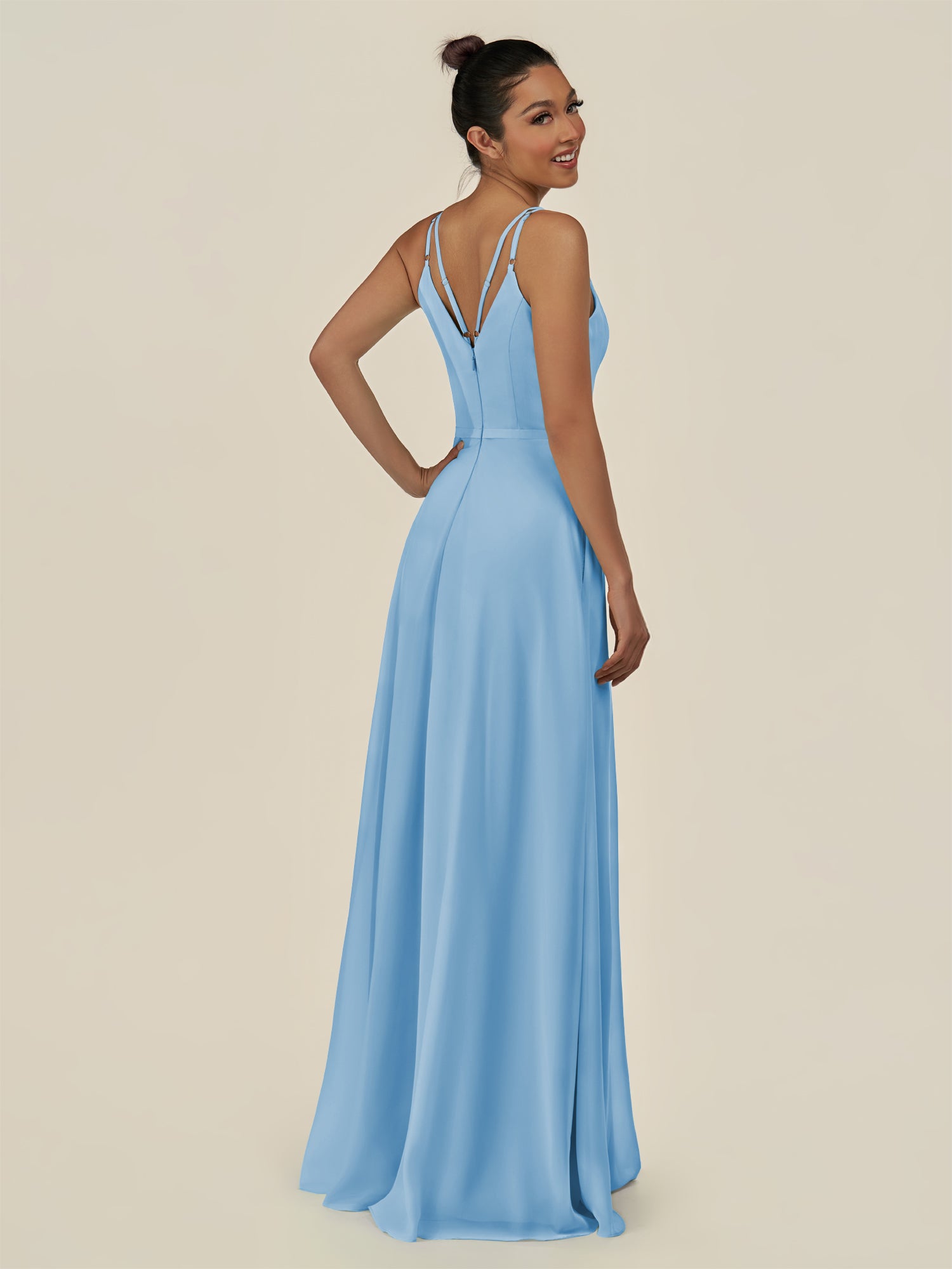 KissDress-Lurne Steel Blue A Line Chiffon V Neck Long Bridesmaid Dress with Cinched Waistline