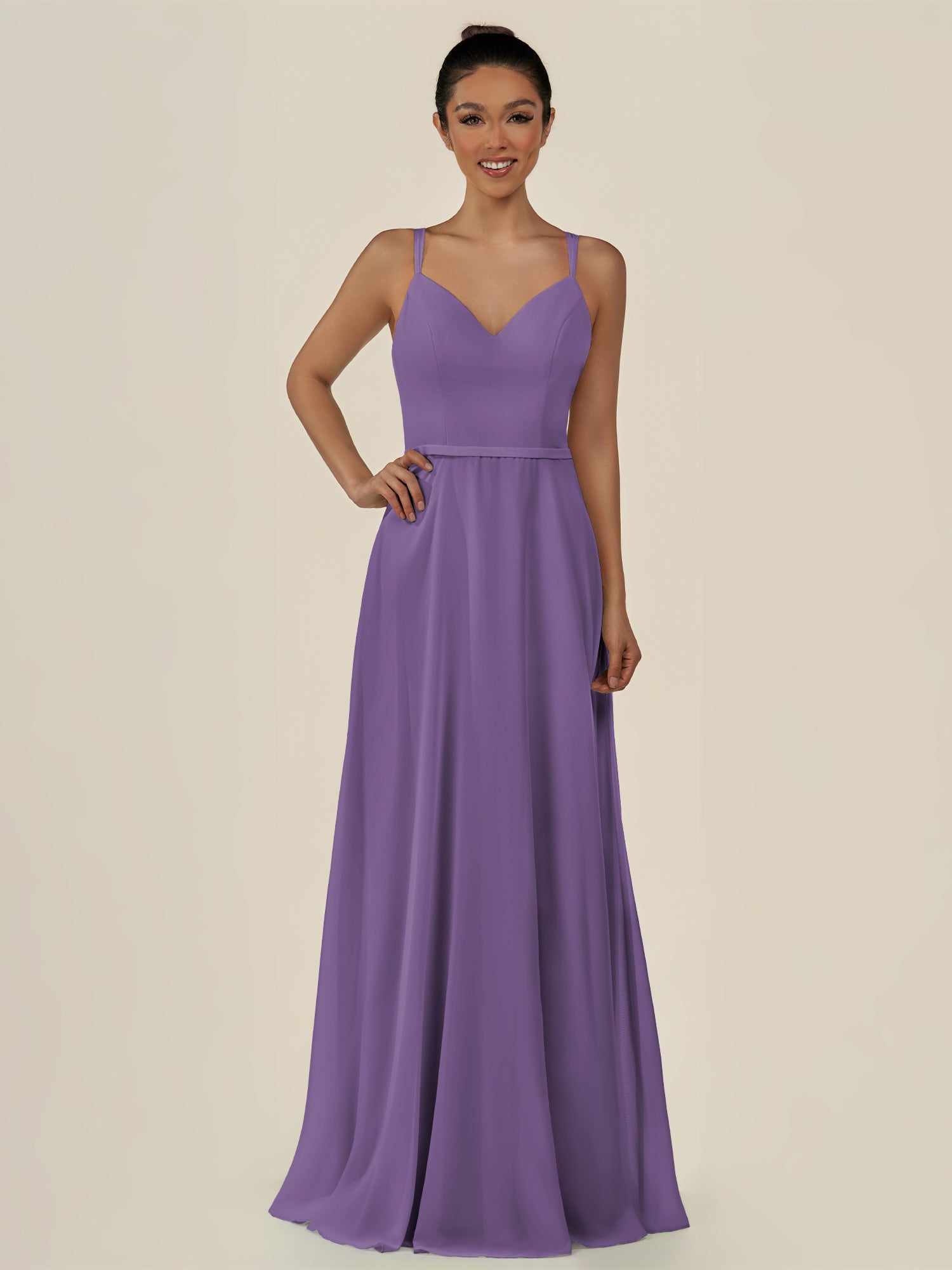 KissDress-Lurne Tahiti A Line Chiffon V Neck Long Bridesmaid Dress with Cinched Waistline