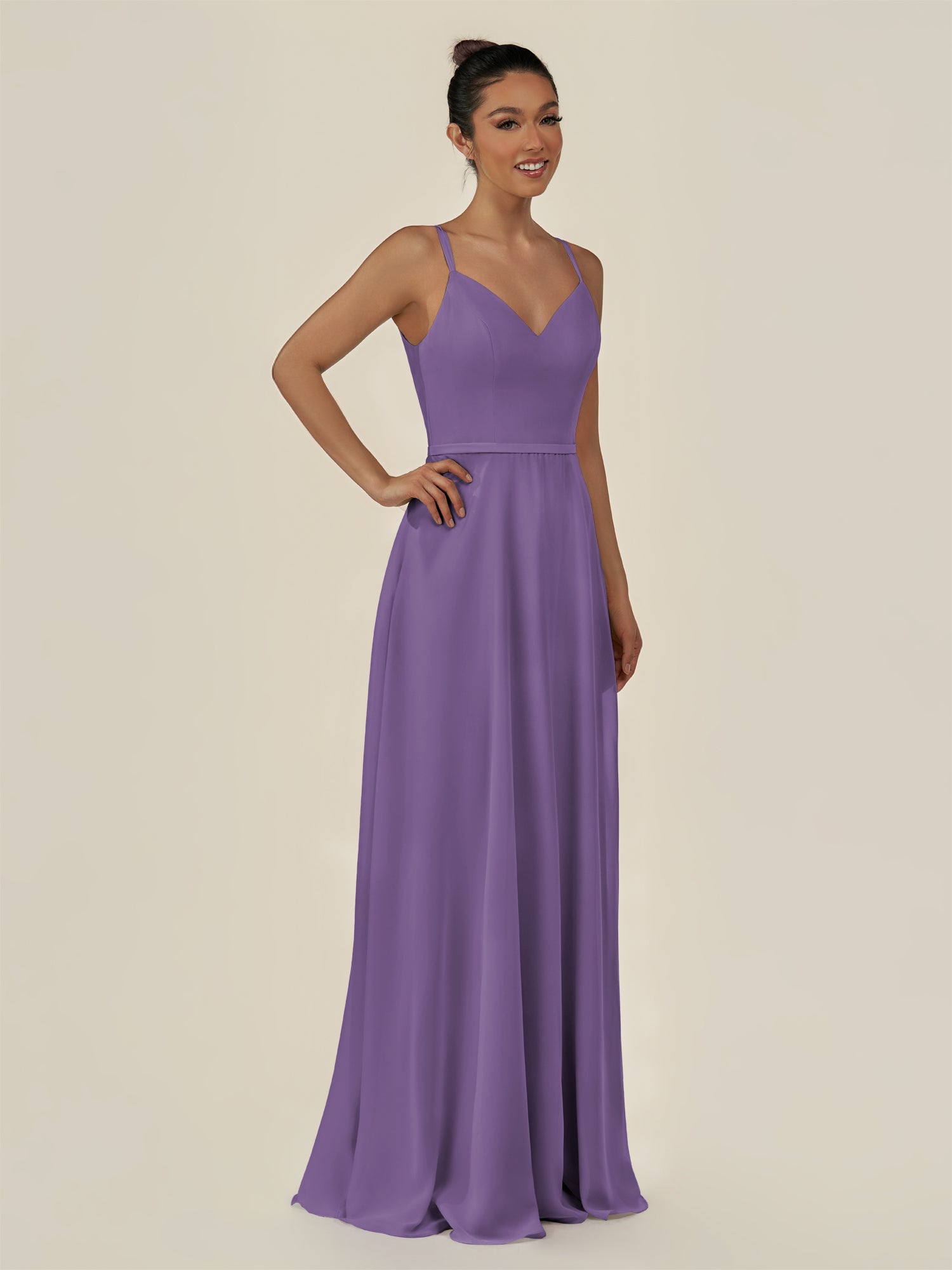 KissDress-Lurne Tahiti A Line Chiffon V Neck Long Bridesmaid Dress with Cinched Waistline