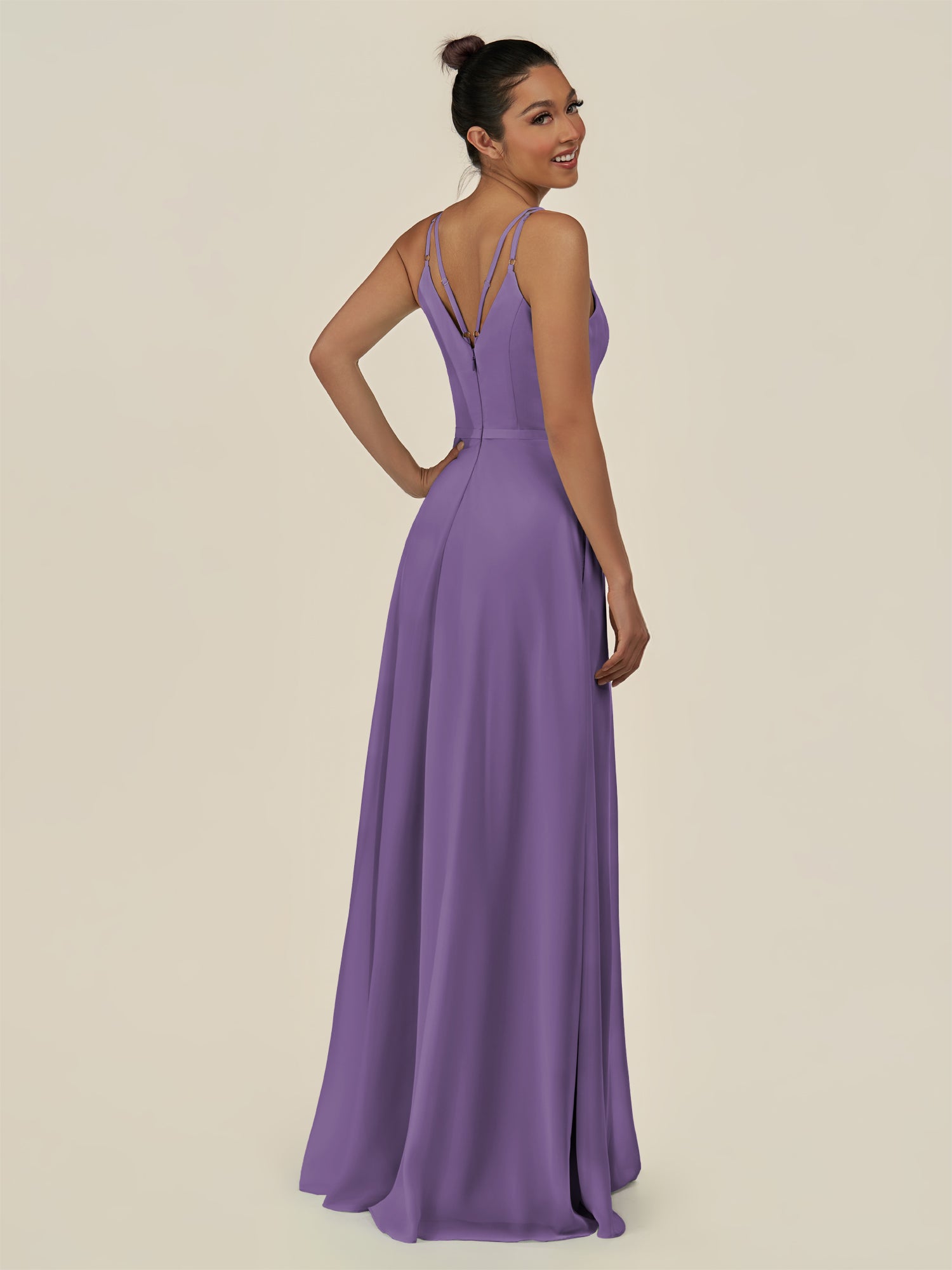KissDress-Lurne Tahiti A Line Chiffon V Neck Long Bridesmaid Dress with Cinched Waistline