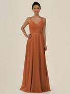KissDress-Lurne Terracotta A Line Chiffon V Neck Long Bridesmaid Dress with Cinched Waistline