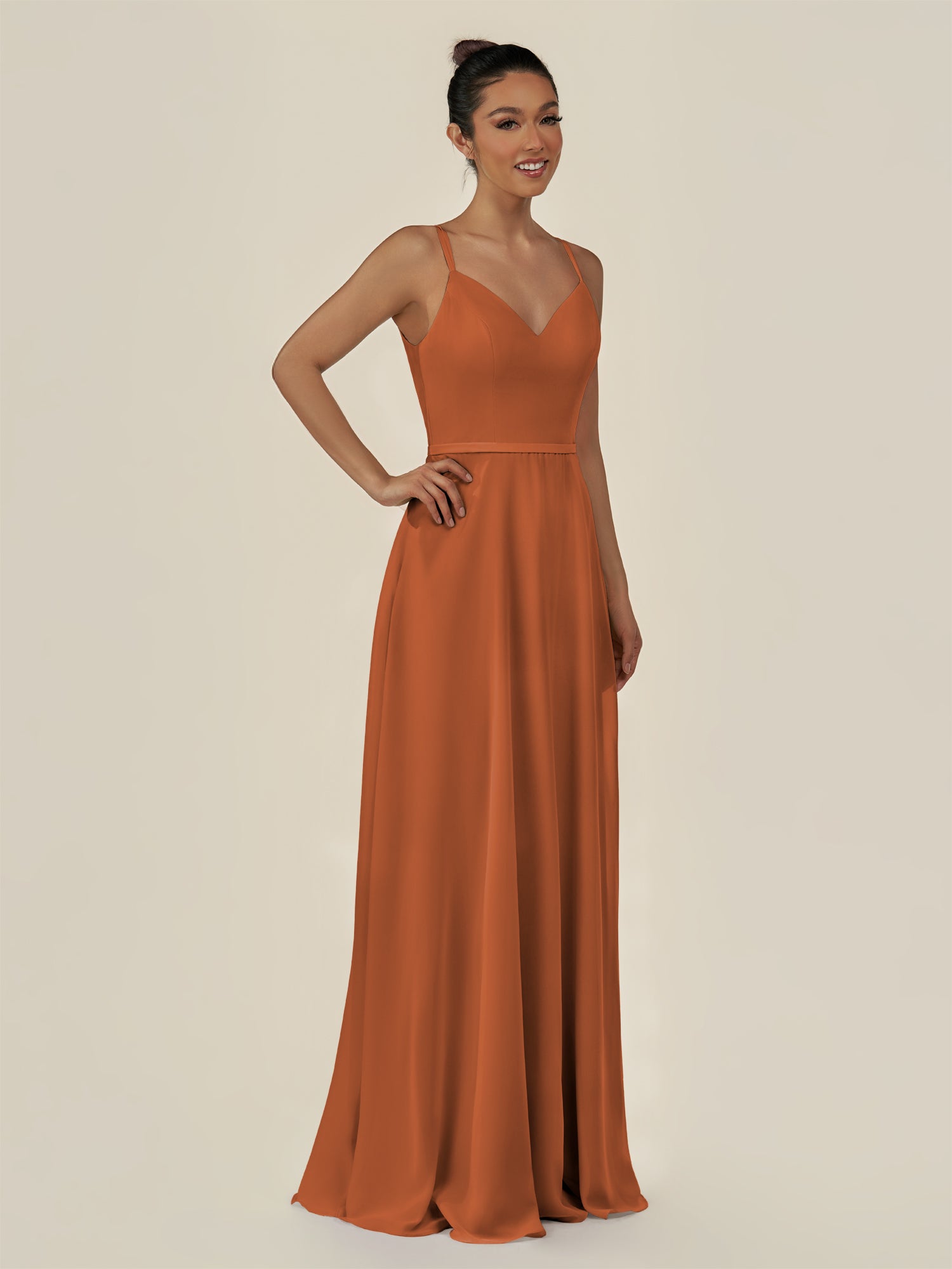 KissDress-Lurne Terracotta A Line Chiffon V Neck Long Bridesmaid Dress with Cinched Waistline
