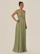KissDress-Lurne Thyme A Line Chiffon V Neck Long Bridesmaid Dress with Cinched Waistline