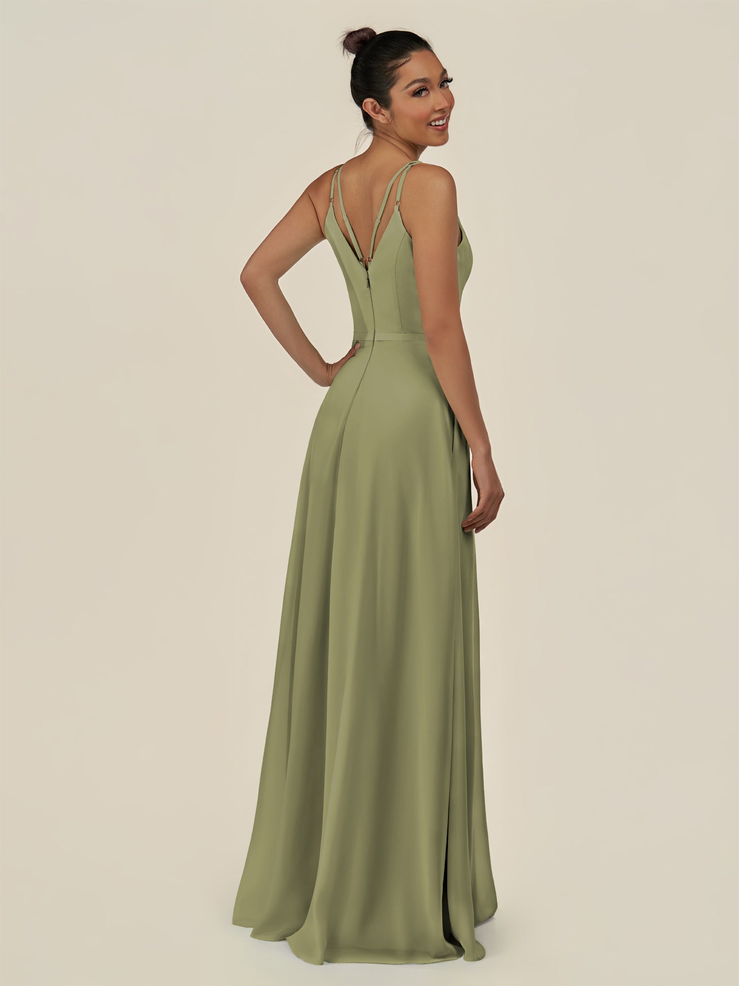 KissDress-Lurne Thyme A Line Chiffon V Neck Long Bridesmaid Dress with Cinched Waistline