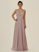 KissDress-Lurne Toffee A Line Chiffon V Neck Long Bridesmaid Dress with Cinched Waistline