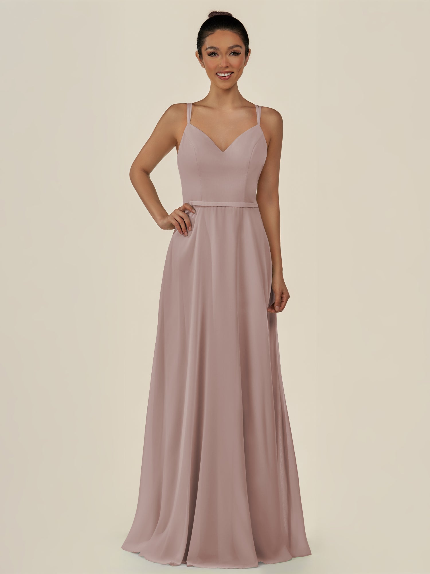 KissDress-Lurne Toffee A Line Chiffon V Neck Long Bridesmaid Dress with Cinched Waistline