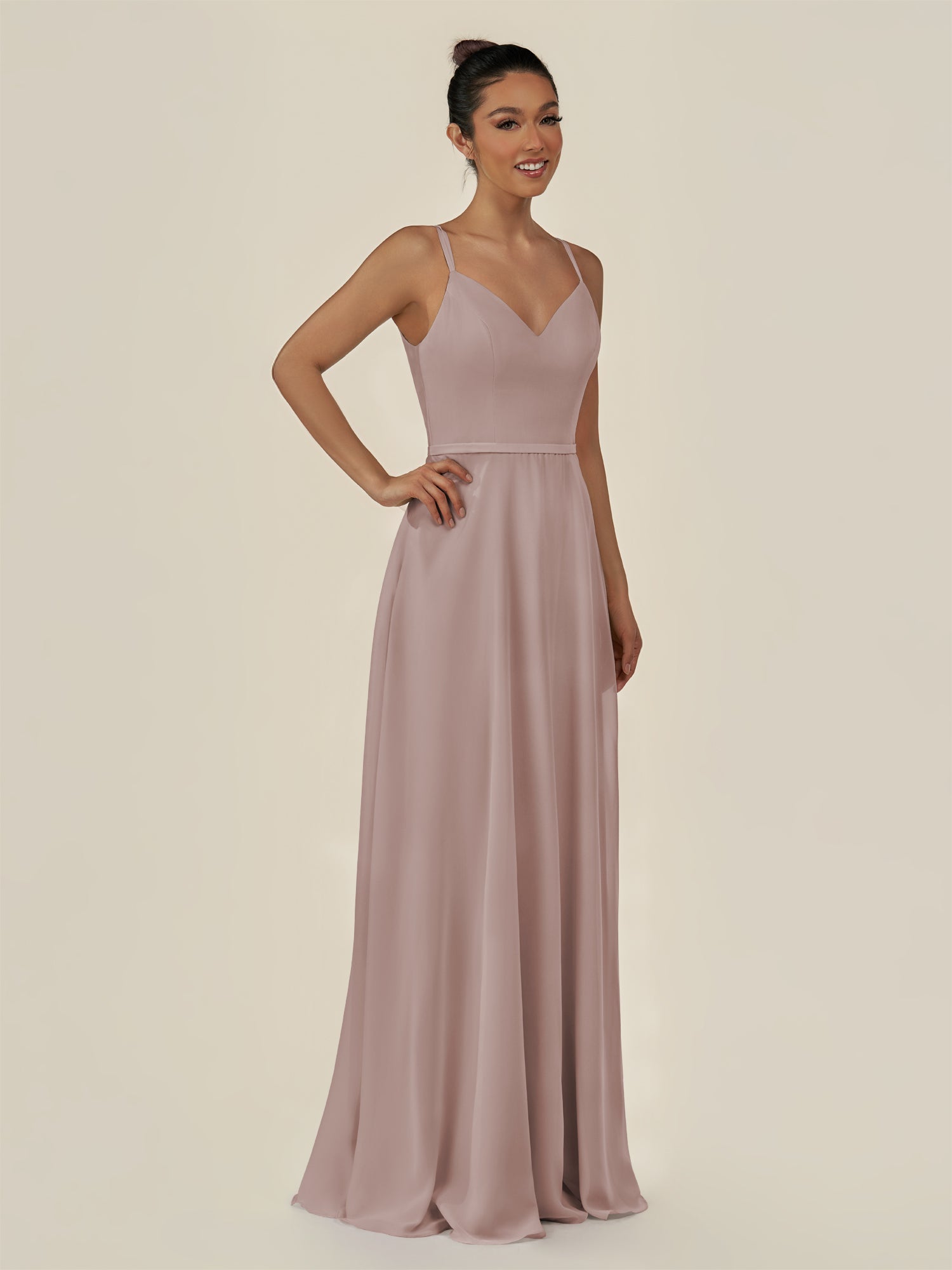 KissDress-Lurne Toffee A Line Chiffon V Neck Long Bridesmaid Dress with Cinched Waistline