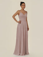 KissDress-Lurne Toffee A Line Chiffon V Neck Long Bridesmaid Dress with Cinched Waistline