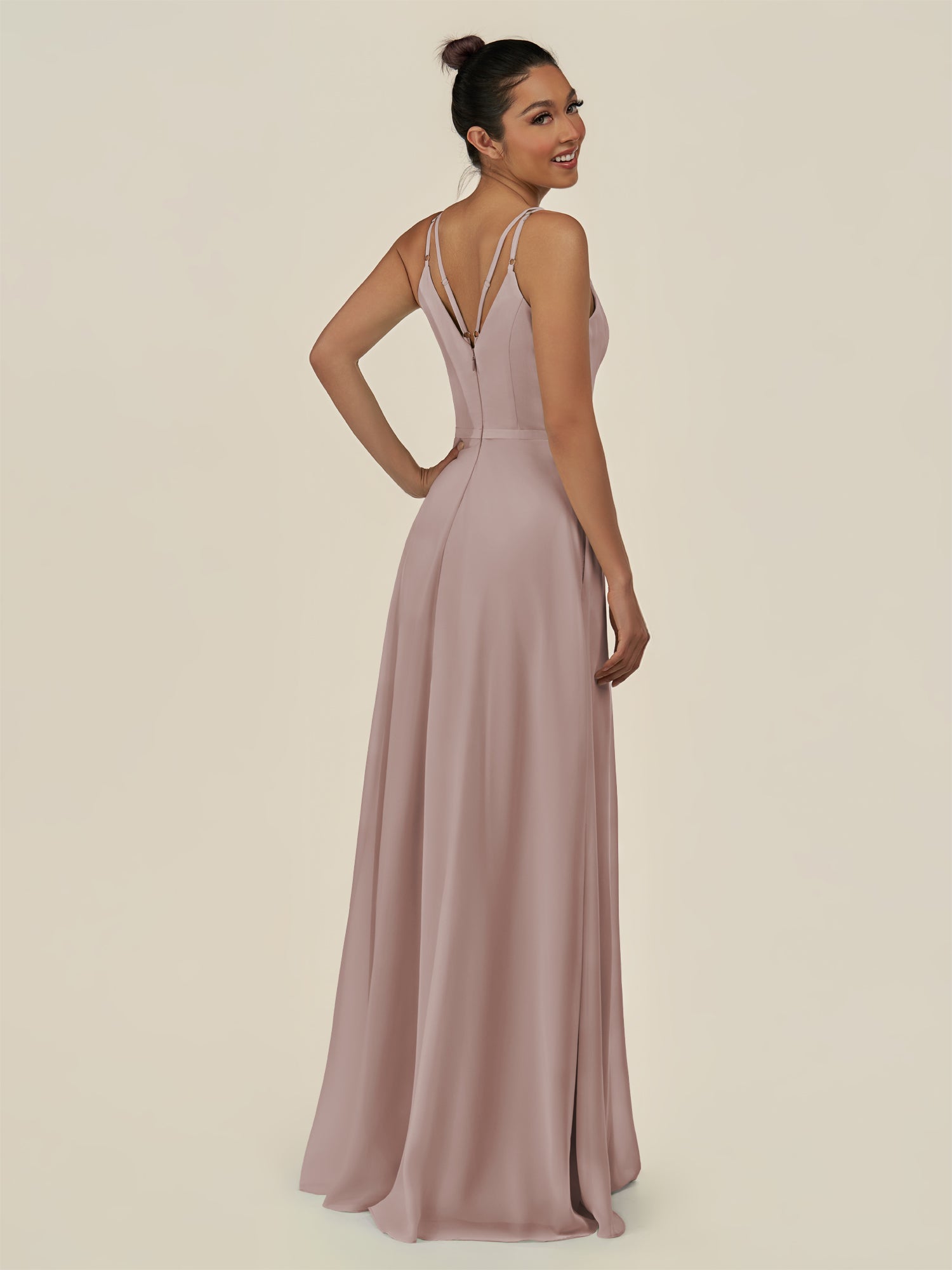 KissDress-Lurne Toffee A Line Chiffon V Neck Long Bridesmaid Dress with Cinched Waistline