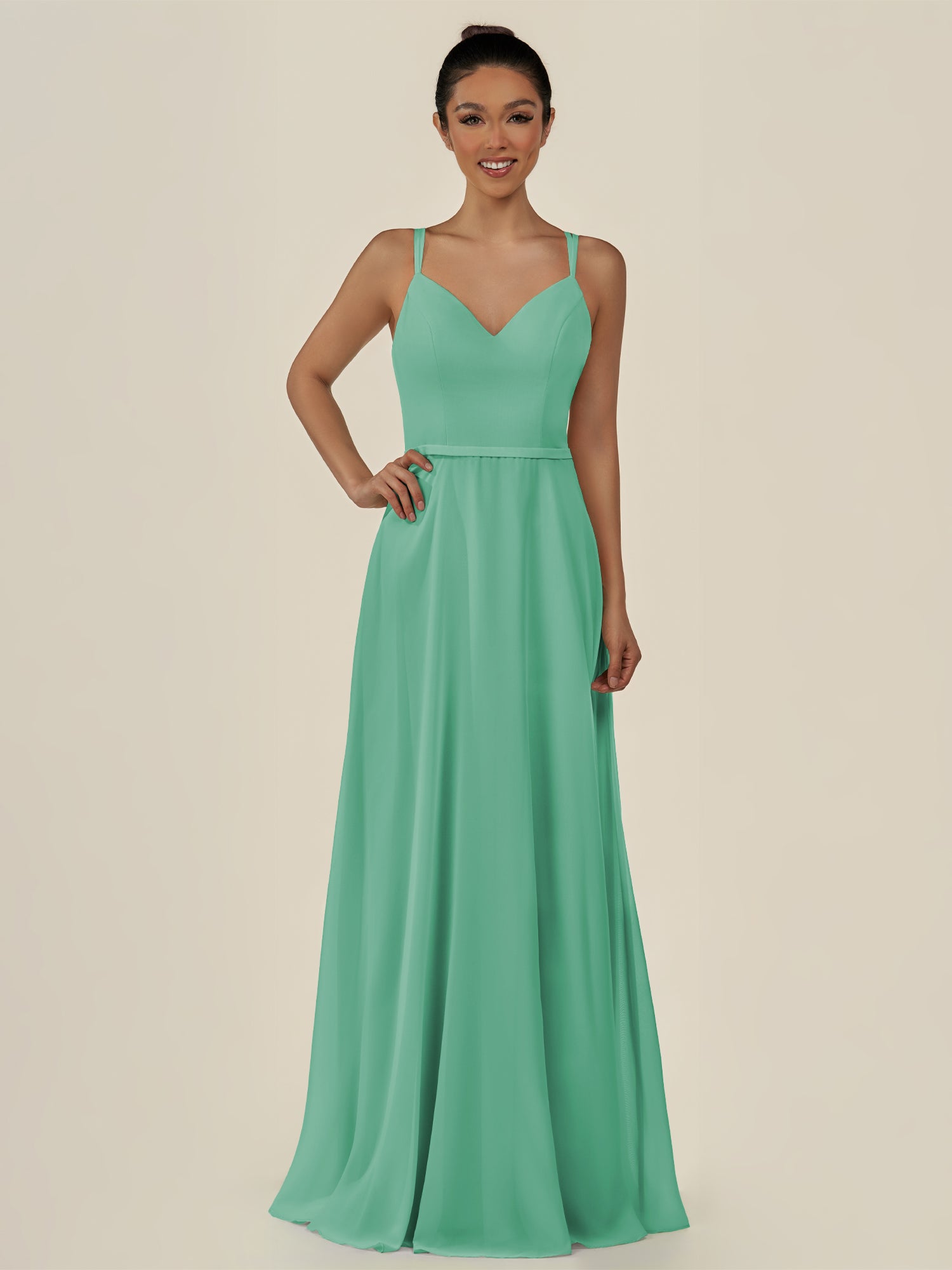 KissDress-Lurne Turquoise A Line Chiffon V Neck Long Bridesmaid Dress with Cinched Waistline