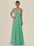 KissDress-Lurne Turquoise A Line Chiffon V Neck Long Bridesmaid Dress with Cinched Waistline