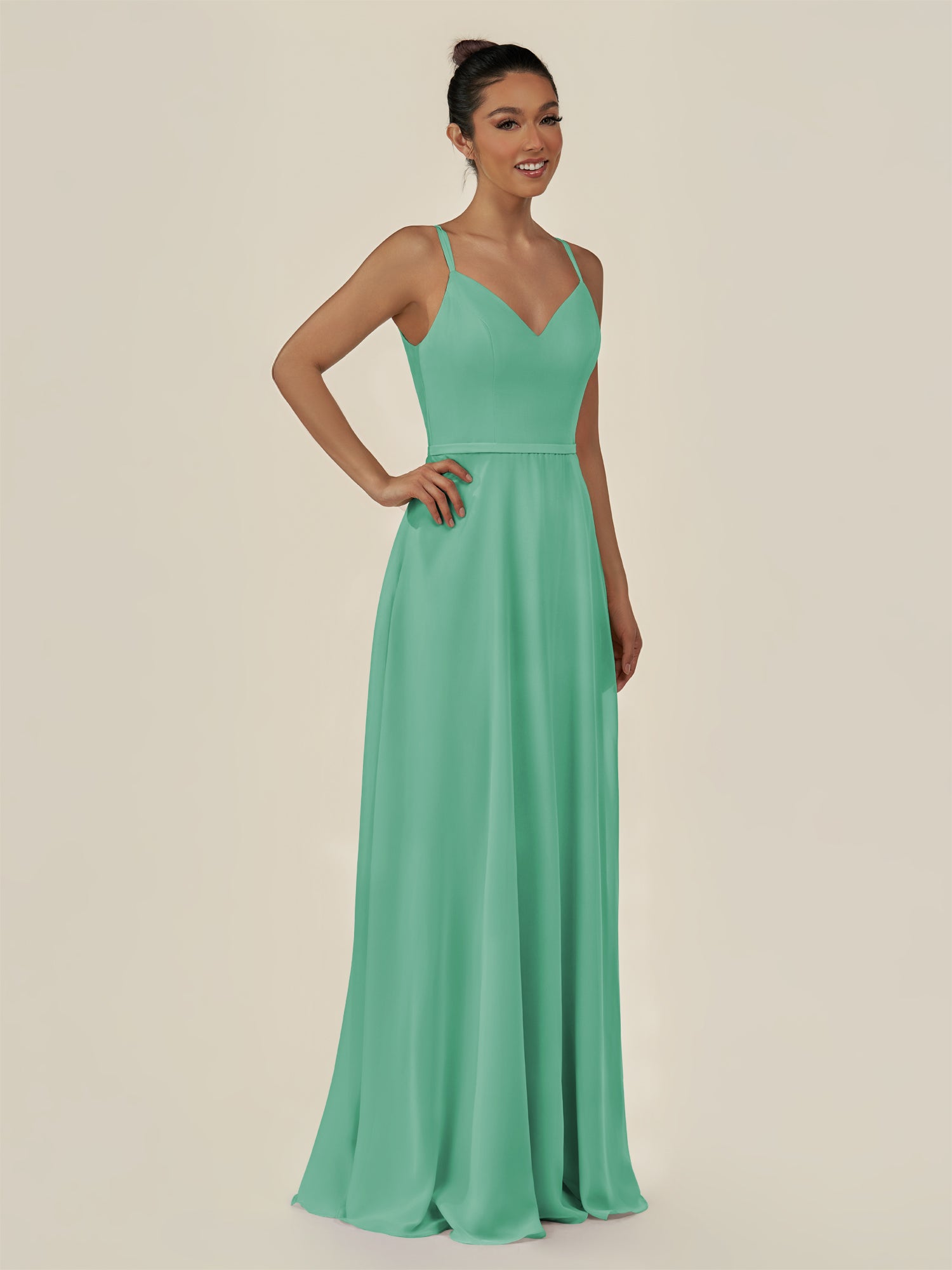 KissDress-Lurne Turquoise A Line Chiffon V Neck Long Bridesmaid Dress with Cinched Waistline