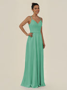 KissDress-Lurne Turquoise A Line Chiffon V Neck Long Bridesmaid Dress with Cinched Waistline