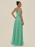 KissDress-Lurne Turquoise A Line Chiffon V Neck Long Bridesmaid Dress with Cinched Waistline