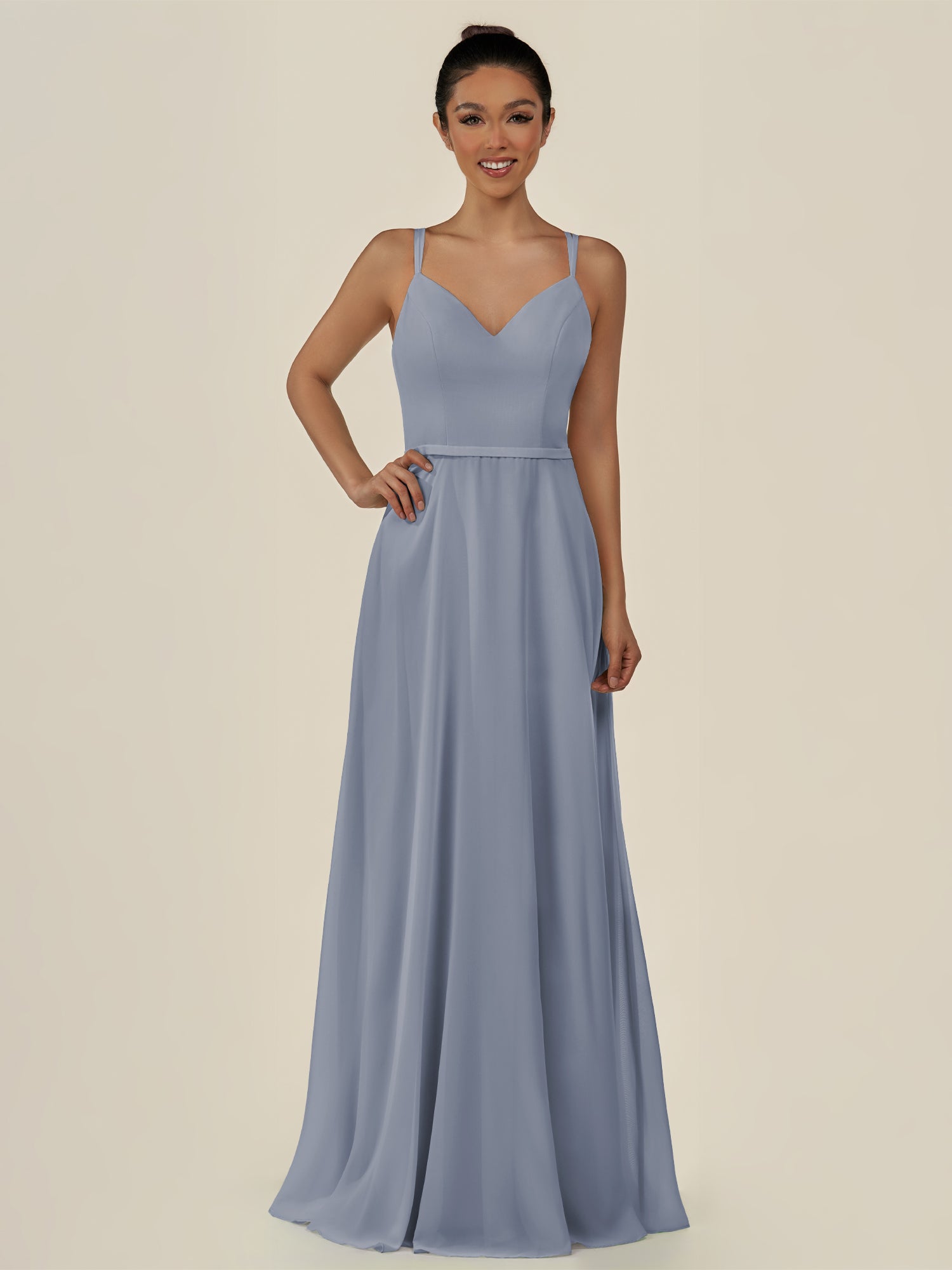 KissDress-Lurne Twilight A Line Chiffon V Neck Long Bridesmaid Dress with Cinched Waistline