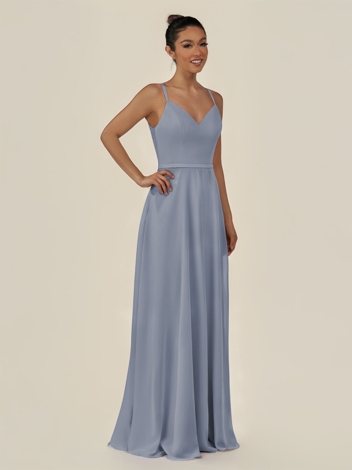 KissDress-Lurne Twilight A Line Chiffon V Neck Long Bridesmaid Dress with Cinched Waistline