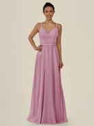 KissDress-Lurne Vintage Mauve A Line Chiffon V Neck Long Bridesmaid Dress with Cinched Waistline
