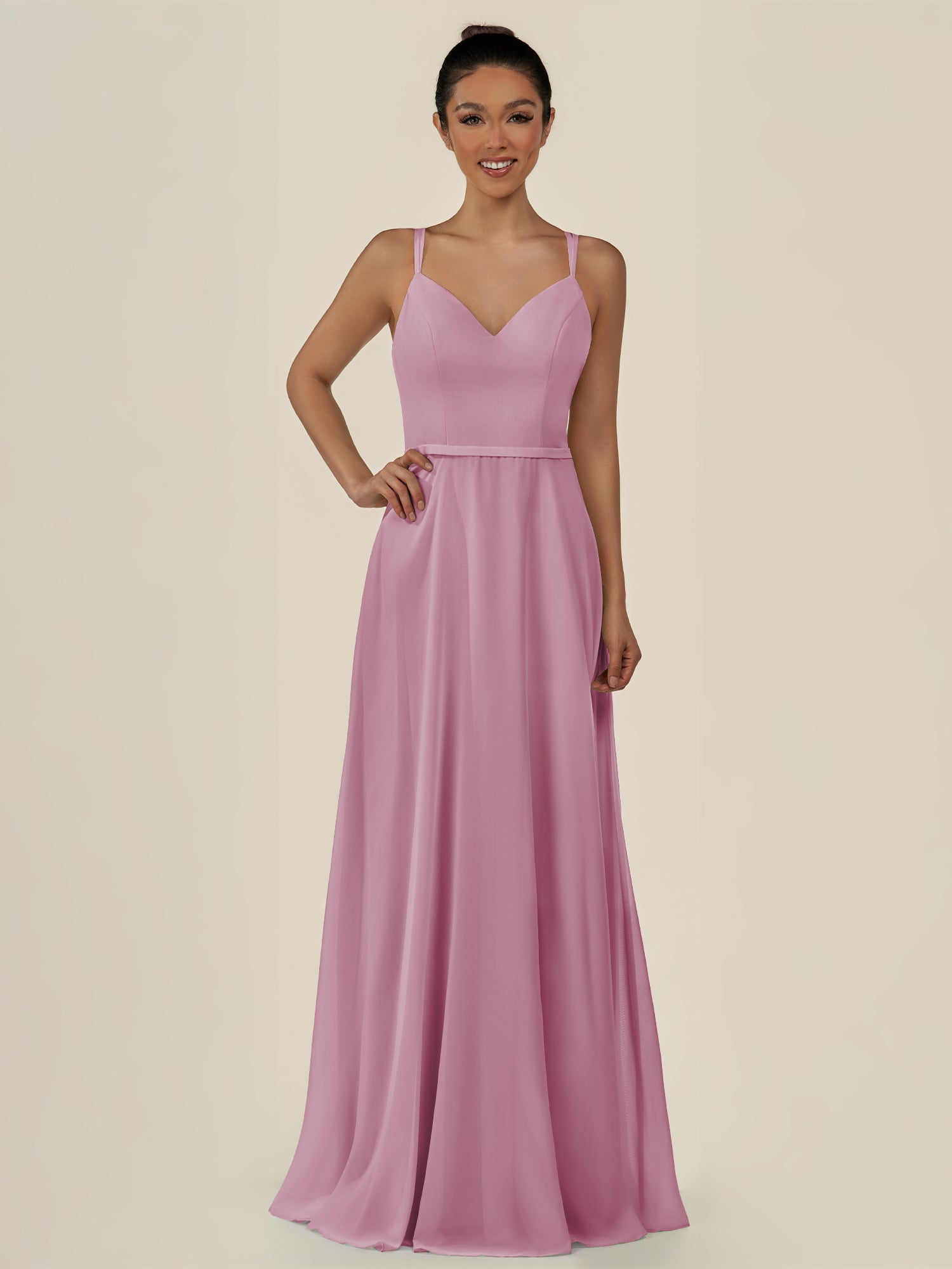 KissDress-Lurne Vintage Mauve A Line Chiffon V Neck Long Bridesmaid Dress with Cinched Waistline