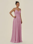 KissDress-Lurne Vintage Mauve A Line Chiffon V Neck Long Bridesmaid Dress with Cinched Waistline