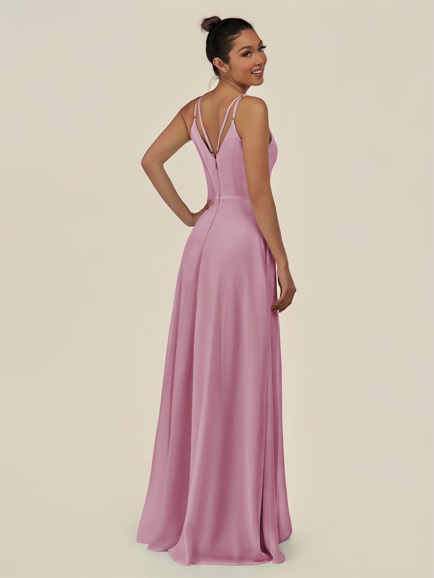 KissDress-Lurne Vintage Mauve A Line Chiffon V Neck Long Bridesmaid Dress with Cinched Waistline