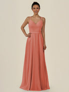 KissDress-Lurne Wild Rose A Line Chiffon V Neck Long Bridesmaid Dress with Cinched Waistline