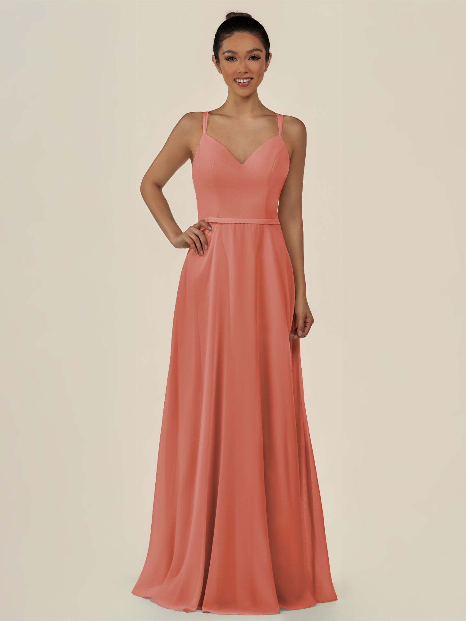 KissDress-Lurne Wild Rose A Line Chiffon V Neck Long Bridesmaid Dress with Cinched Waistline